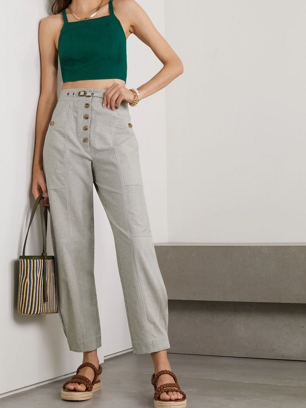 Ulla Johnson Green Crop Top with Light Gray Wide-Leg Pants